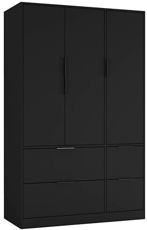 URBNLIVING 3 Door Wardrobe with 4 Drawers – Wooden Bedroom Storage Cupboard with Hanging Rail for Clothes - Black Unit & Black Doors & Drawers