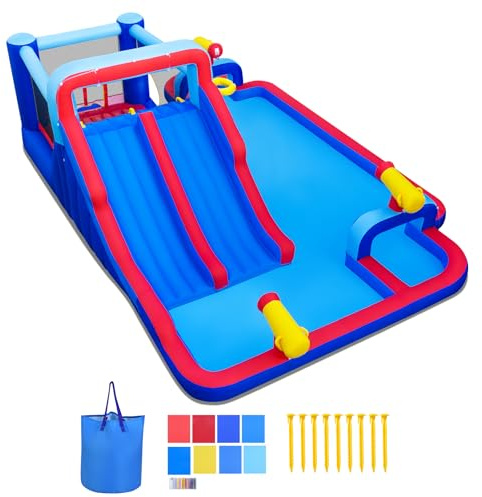 GIANTEX Castello Gonfiabile per Bambini con Scivolo, Piscina Gonfiabile in Tessuto Oxford con Canestro da Basket, Cannone ad Acqua e Parete da Arrampicata, Parco Giochi Grande da Esterno per 3-12 Anni