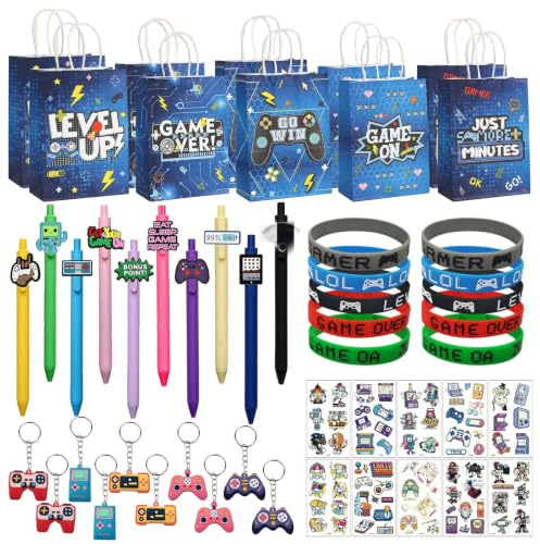 SIMDAO 50 bolsas de fiesta de juegos, recuerdos de fiesta de videojuegos, rellenos de bolsas de fiesta de videojuegos, incluyendo pulsera de silicona, llavero, bolígrafo, calcomanías luminosas, bolsas