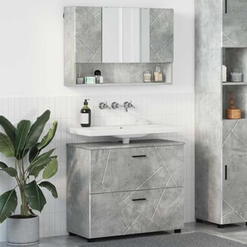 Yunovire badrumsmöbler set set betong grå av plywood och metall med tvättställsunderskåp och spegelskåp, förvaringsskåp, förvaringslådor för gäster, toalett och badrum