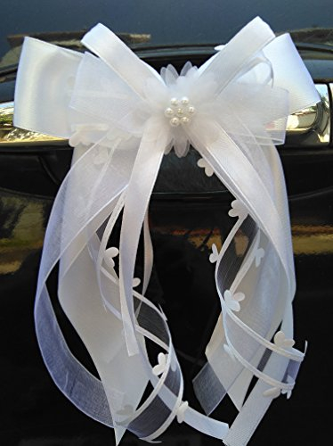 Miya@ 10 hochwertige Handgemacht Weiss Antenneschleifen mit Herzschleifen aus Satin, Auto Schleifen, Hochzeit Deko, Autoschmuck (3 cm Weiss)