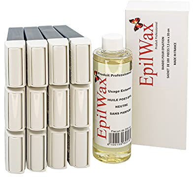EpilWax - Nachfüllpackung mit: 12 Roll-on-Patronen mit Honig, 1 Packung mit 100 Vliesstreifen zur Haarentfernung und 1 Flasche mit 250 ml neutralem Öl nach der Haarentfernung (Azulen)