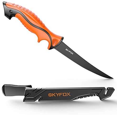 SkyFox Coltello Per Sfilettare Pesce Acciaio Inox con AFFILA, 18 cm Affilata Coltello Professionale Da Cucina, Coltello Sopravvivenza Multiuso, Impugnatura Ergonomica Coltello da Caccia