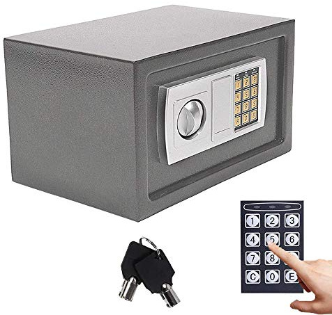 Cajas Fuertes de Electrónica 8,5L, Caja de Seguridad Para Hotele con Código PIN y 2 llaves, Protege Dinero, Joyas, Pasaportes, 31x20x20cm, Gris