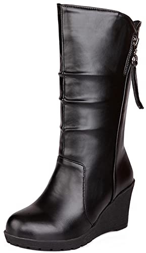 Lroey Reoly Women Wedge Heel Mid Calf Boots, Casual Winter Boots Slip On High Heel Long Boots Round Toe with Platform Winter Boots 288 Black-Dl Size 6.5 UK/41