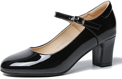 Women's Mary Jane Shoes Low Block Heel Round Toe Dress Office Work Church Pumps, Patent Black, 5 UK