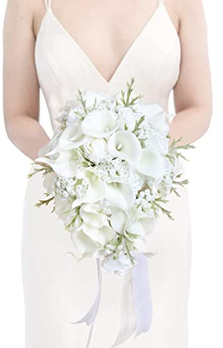 INSUNSIX Ramos de novia para boda, ramo de lirio de cala de 11 pulgadas para novia, boda, flores de seda, ramo de boda para ceremonia, aniversario, boda, despedida de soltera (blanco natural)