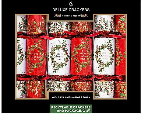 Harvey & Mason 6 Wreath Holly Christmas Crackers - Deluxe Luxury Red White Gold Design, Xmas Dinner Party Celebration