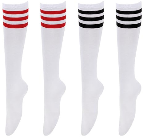 JTMKYO Lot de 2 Paires de Bas Rayés, Chaussettes Longues pour Femme, Horizontales Triples, Hautes Polyvalentes, Chauffe-Mollet, Uniformes Mi-Longues