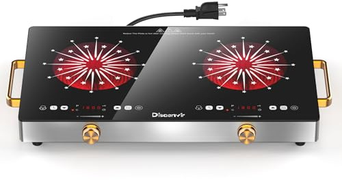 Disaenvir 2 Burner Electric Cooktop 110V - 24 Inch(22.2x 13.07) Countertop Electric Stove with Handles 2000W, Two Burner Ceramic Burner with Touch and Knob Control, Timer, Safety Lock, 120V Plug in