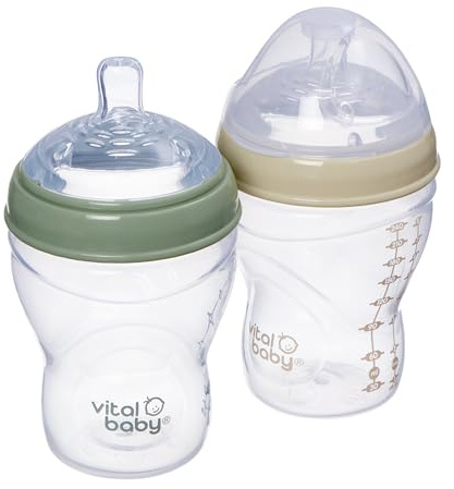 Vital Baby Breast-Like Baby Feeding Bottles 0m+, 240ml, Self-Sterilising in 3 Mins, Triple Anti-Colic Valves, Slow Flow Teats, EarthSmart Biodegradable, BPA-Free, 2 Pack