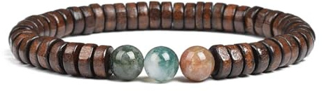 TIANXIAOQWE Cylindriska träpärlor med naturstenarmband för män kvinnor elastiskt rep gul sten och träarmband, 23cm-9.1inch, Sten Emalj Glas, Cubic Zirconia Agat Obsidian