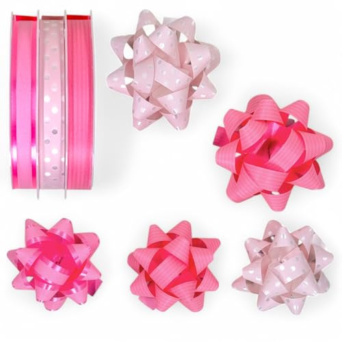 Set di raccoglitori ad anelli, in poli, per regali, per fai da te e imballaggi, colori brillanti e opachi (rosa, 3 rotoli di nastro regalo + 5 fiocchi regalo)