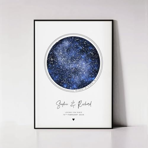 Stampa con mappa stellare personalizzata con cornice, poster personalizzato con cielo notturno, anniversario di matrimonio, tela celestiale, arte digitale stampabile (29,7 x 42 cm)