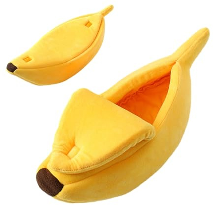 Lit banane pour chien - Adorable lit banane en peluche - Nid de sommeil chaud et confortable - Niche pour chien à fruits jaunes pour petits animaux de compagnie, chats, lapins, furets, hamsters, lieu