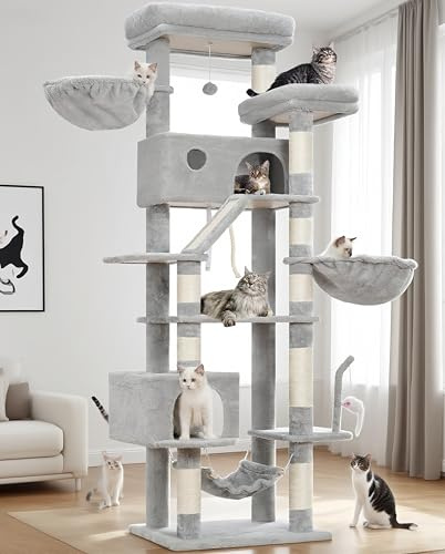 Gitelsnour rascador para Gatos Grandes, árbol para Gatos de Interior de 200 cm, con Amplia Plataformas Superior, Cuevas, Hamaca, rascadores, Gris Claro GCT031W