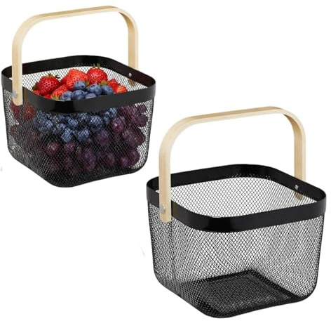Cestino in filo metallico con manico, cestino per la raccolta del raccolto da giardino, cestino da trasporto in stile loft, per cucina, bagno e picnic, 18 x 24,5 x 24,5 cm, 2 pezzi (Nero)