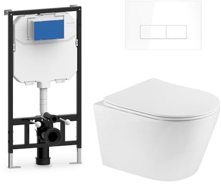 Inodoro Suspendido Completo con Bastidor y Pulsador. WC Colgante con Cierre Suave Soft Close. Sanitarios WC para Baño. Doble Descarga 3/6L. Váter de Porcelana Blanca