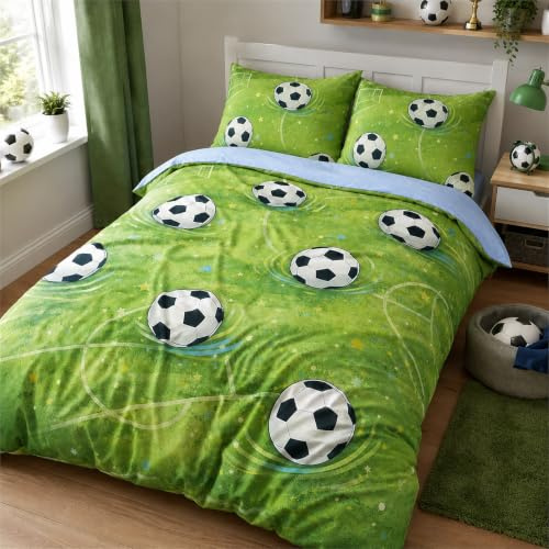 Vryxel Boys Kids Football Soft Bedding Double Duvet Cover Set Bed Zipper White Green 200 x 200 CM