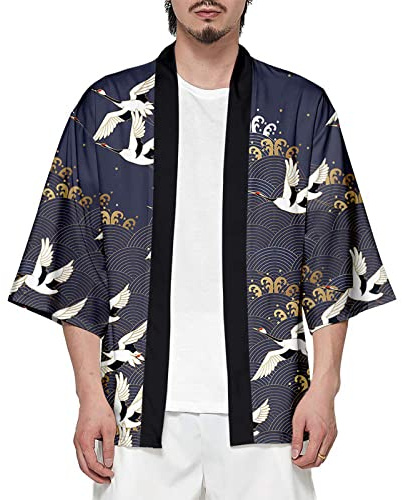 CIZEUR Hombre Hippie Camisa Kimono Japonés Estampado Holgado Manga 3/4