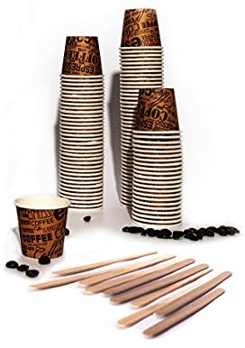 Bioaiks Bicchieri Cartoncino per Espresso, Set da 100 Pezzi con Bastoncini in betulla per Mescolare, 75 ml, (Dark Brown)