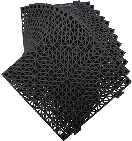 Jaderlu 12 Pack Modular Interlocking Cushion 11.6 x 11.6 Rubber Mat Floor Tile Mats Drain Pool Patio Balcony Yard Pet Area Washer Pad(Black)