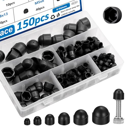smseace 150pcs 6-Values Bolt and Nuts Protective Caps M4/M5/M6/M8/M10/M12 Bolt Covers Caps kit Nuts and Bolt Cap Assortment Kit Used Protect Hex Screws