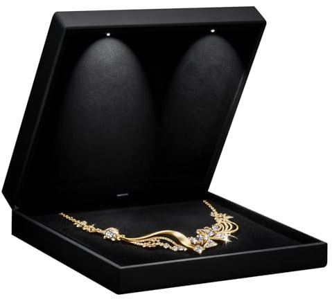 Allure - Large Necklace Box With LED Light, Square Shaped, Elegant Diamond Necklace Case, For Unique Proposal, Engagement Or Wedding, Luxury Black Velvet Interior Jewelry Display Gift Box