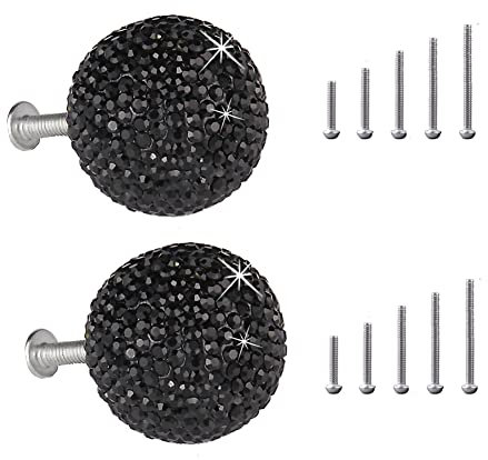 Yurosiay 2 stycken skåpknoppar glittrande strass skåphandtag strass dörrhandtag med 10 skruvar möbelknopp diamant lådknoppar rund kristallknapp för byrå garderob svart