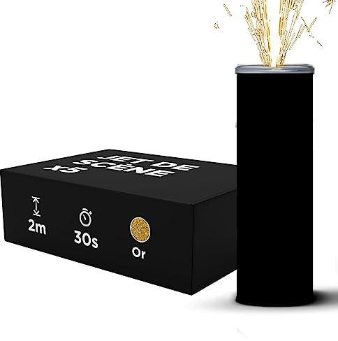 Jet de Scène couleur Or Hauteur 2 Mètres Durée 30 Secondes - Lot de 5 - Jet de scène Artifice d'Intérieur à Étincelles Froides pour Mariage - Design FULL BLACK sans inscription - SPARKLERS CLUB®