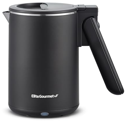 Elite Gourmet Dual Voltage 120-230V, Travel Double Wall Insulated Cool-Touch, 0.6L Electric Kettle Stainless Steel Interior, Hinged-Locking Lid, Auto Shut-Off, Boil Dry Protection, Black