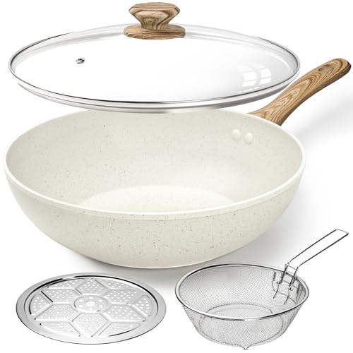 MICHELANGELO 12 Inch Wok Pan with Lid - Woks & Stir-Fry Pans Nonstick Wok with Lid, Stir Fry Pan with Cool-Touch Handle, Induction Wok Set with Stainless Steamer & Fryer Basket