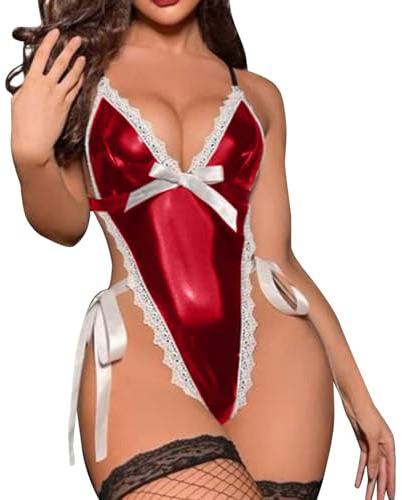 NewBull Women's Wet Look Bodysuit Faux Leather Lingerie Lace Corset Teddy One Piece Thong Jumpsuit Club Latex Costume for Women Sexy (Red, One Size)