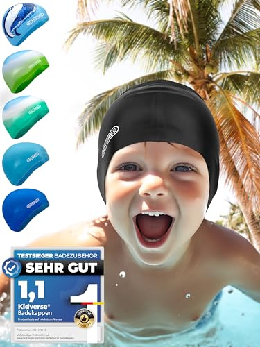KIDVERSE Badekappe Kinder wasserdicht - Schwimmhaube Kinder mit Anti-Rutsch-Noppen - Badekappen für Schwimmer mit UV Schutz - Schwimmhaube Jungen - Reißfeste Badehauben in verschiedenen Größen