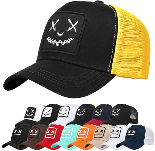 Enwokran Berretto da Baseball con Visiera Unisex Cotone Regolabile Anti-Sole Ricamo Cappello da Baseball Cappellini per Sport All'aperto Hip Hop Papà Trucker Posteriore Maglia Cappello (A_Nero Giallo)