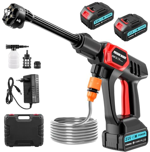 Sararoom Hidrolimpiadora de Alta Presión Sin Cable | 21V 45 Bar/652PSI Limpiadoras a presión portátil | Móvil Hidrolimpiadoras Pistola, 2 batería,6 en 1 Boquilla,5m Manguera,para Hogar Jardín Coche