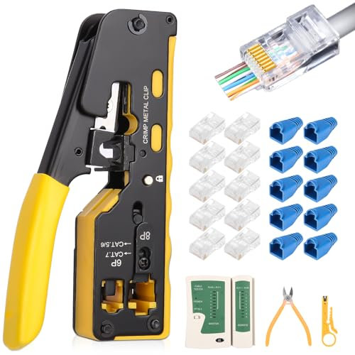 Juego de crimpadora con probador de red Incluye alicates de crimpado, pelacables, 50 conectores y comprobador de red. Perfecto para Cat5, Cat6, Cat7. Fiable en la oficina, el hogar o para los