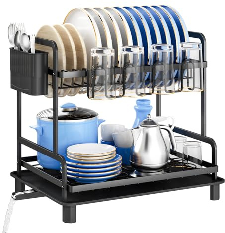 HOMEANTIS Multifunktionales Geschirrtrocknungsregal, 2-stufige Schalenregal mit Abflussbrett, platzsparendem Design, Utensil und Tassenhalter für Küchentheke, Schwarz