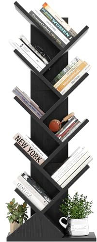 iSunirm 9-Tier Tree Bookshelf, Floor Standing Bookcase, Modern Wood Book Shelf for Bedroom, Living Room, Home Office, 38x20x125cm,Black