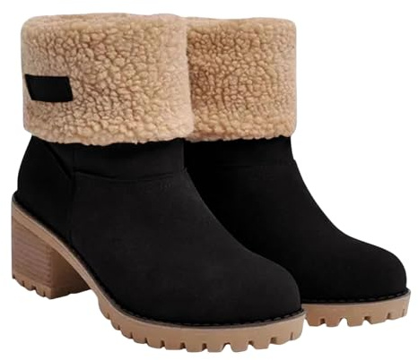 Movnebyro Womens Winter Boots with Fur Lined Chunky Heel Ankle Booties Warm Slip On Snow Boots Casual Waterproof Suede Shoes Comfortable Outdoor Booties Black