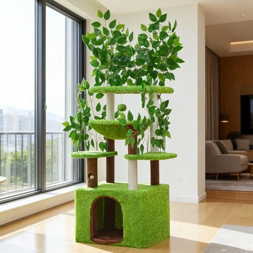 Woochpet Albero per gatti a torre con tre piattaforme per saltare e dormire, grande casetta per gatti, un'amaca accogliente, area giochi con tiragraffi in sisal di alta qualità (verde)