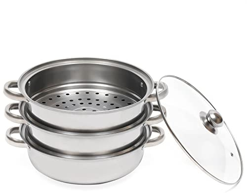 Pentola a vapore a tre piani in acciaio inox,Con coperchio in vetro,Con i suoi due vapori e la pentola,Per cottura sana verdura frutta carne, compatibile con gas elettrico a induzione
