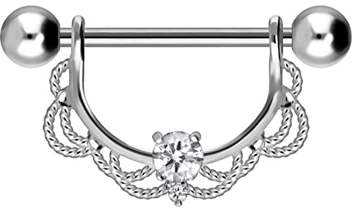 PIERCINGLINE Chirurgenstahl Nippelpiercing Barbell ORIENTALISCHES DESIGN + KRISTALL Piercing Brust Nippel Brustwarze Silberfarben 14 mm