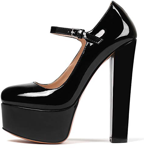 Eldof Women's Round Toe Platform Pumps Block Chunky High Heel Pumps Mary Jane Closed Toe Sexy Party Dress Shoes Black US7
