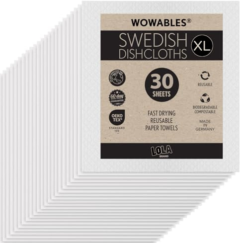 Swedish Dishcloths for Kitchen XL, 30 Sheet Roll, Biodegradable & Compostable, Reusable Paper Towel Cleaning Cloths, 11 x 10, No Odor, Washing Dishes, Ultra Absorbent Cellulose Sponge Towel, By LOLA