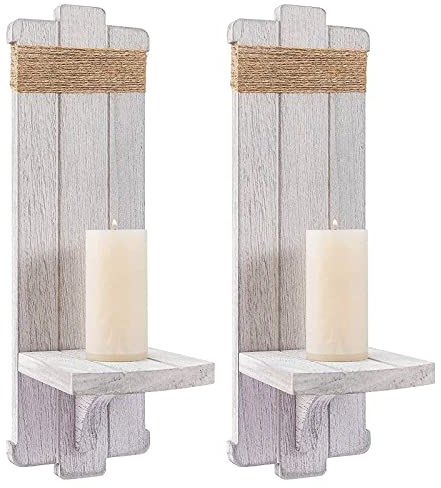 Alphatool 2 PCS Farmhouse Wall Hanging Candle Sconces - Nordic Style Handmade Wooden Wall-Mount Candle Holders Rustic Hanging Wall Sconces for Bedroom Living Room Kitchen Bathroom, White, grey, black