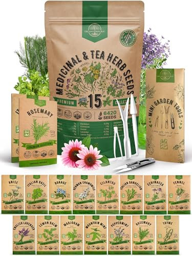 Organo Republic 15 Medicinal & Tea Herb Seeds Variety Pack for Indoor & Outdoors. 3300+ Non-GMO Heirloom Garden Seeds: Anise, Borage, Cilantro, Chamomile, Dandelion, Rosemary, Peppermint Seeds