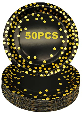 CEILIWEN Schwarz und Gold Partyteller, 50 Stück 7 Zoll Partygeschirr Geschirr, Einweg-Pappteller, Partyzubehör für Geburtstagsdekorationen, 50 Stück
