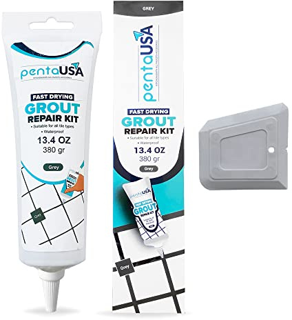 PentaUSA Tile Grout Repair Kit - Gray Premixed Acrylic Sanded Grout, Water-Resistant Grout Filler for Bathroom&Shower, Kitchen Floor, Fast Drying, with Applicator, 13.4 oz (380g)