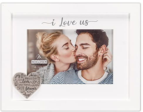 Malden International Designs 4x6 I Love Us Picture Frame Raised White Outer MDF Wood Moulding White Wood Grain Finish Mat With Gray Screenprinted Text Silver Finish Metal Heart Attachment